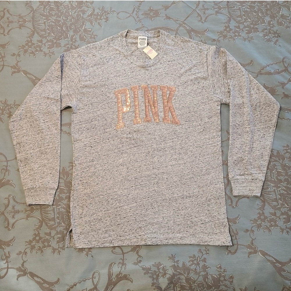 Gray Long Sleeve Shirt with Pink Logo